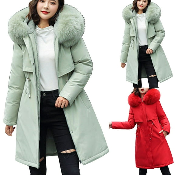 Juebong Women's Long Warm Winter Coat Windproof Thickened Hooded Puffer Jacket Outdoor Parka Down Coats with Faux Fur Hood Red,M