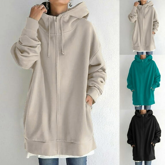 Juebong Women's Long Zip Up Hoodies Oversized Fleece Tunic Sweatshirt Comfy Casual Long Sleeve Hoodie Jacket Coats Outerwear Khaki,S