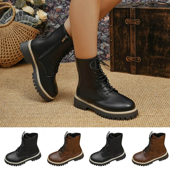 Juebong Women's Low Heel Chelsea Ankle Boots Fashion Slip On Elastic Fall Booties Lace Up Combat Shoes Black,41