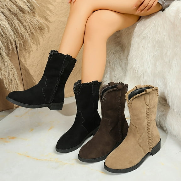 Juebong Women's Mid Calf Boots Closed Toe Chunky Heel Suede Winter Dress Shoes Comfortable Riding Boots Khaki,39