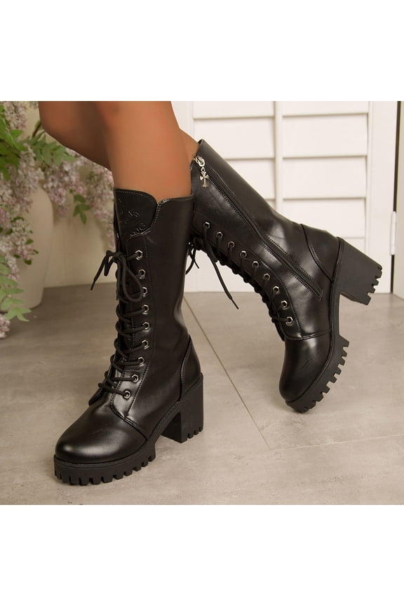 Women's Mid Calf Combat Boots Chunky Stacked Heel Boots Lace-up Side Zipper Lug Sole Goth Ankle Boots Black,36