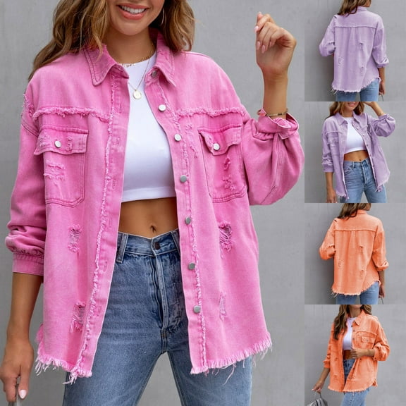 Juebong Women's Oversized Denim Jacket Boyfriend Button Down Frayed Hem Shacket Wash Lapel Distressed Jean Jackets Motorcycle Coats Pink,L