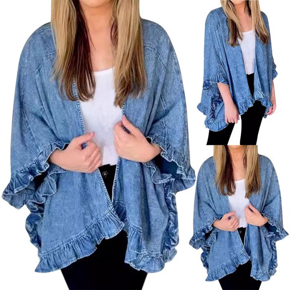 Juebong Women's Oversized Denim Jacket Casual Long Sleeve Open Front Cardigans Denim Shirts Distressed Wash Jean Tops Casual Fall Outfits Blue,S