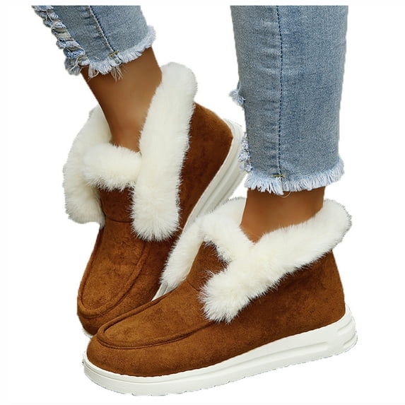 Juebong Women's Plush Flats Shoes Solid Color Round Toe Casual Fur Lined Winter Students Shoes,Brown Size 10.5