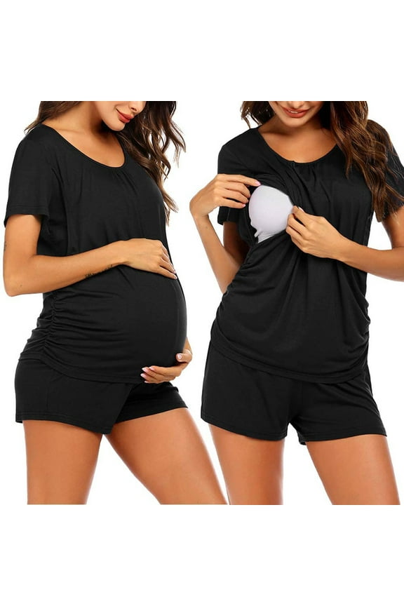 Women's Postpartum Nursing Pajamas Sets,Summer Solid Short Sleeve Breastfeeding Shirts 2 Piece Outfit Soft Crewneck Pregnancy Breastfeeding Sleepwear Lounge Set