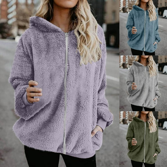 Juebong Women's Sherpa Fleece Jacket Plus Size Solid Color Winter Coats Plush Fuzzy Full Zip Up Warm Soft Hooded Sweater Coat Outwear Gray,XXXXXL