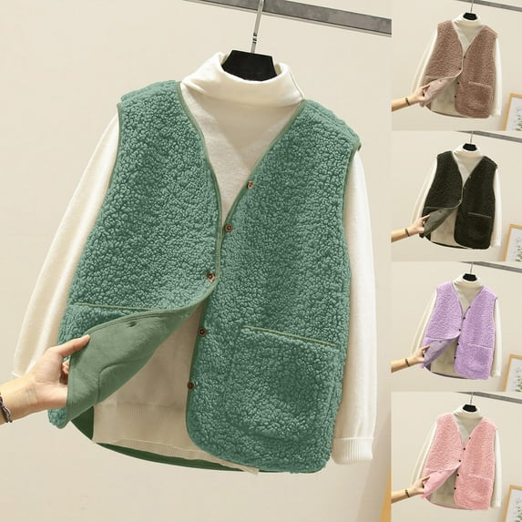 Juebong Women's Sherpa Fleece Vest Loose V Neck Button Down Jacket Sleeveless Fuzzy Warm Winter Coats Lightweight Outerwear with Pockets Green,XL