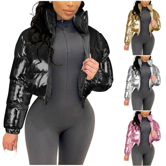 Juebong Women's Shiny Cropped Puffer Jacket Zip Up Long Sleeve Winter Short Quilted Jackets Winter Down Bubble Coats Outwear Hot Pink,S