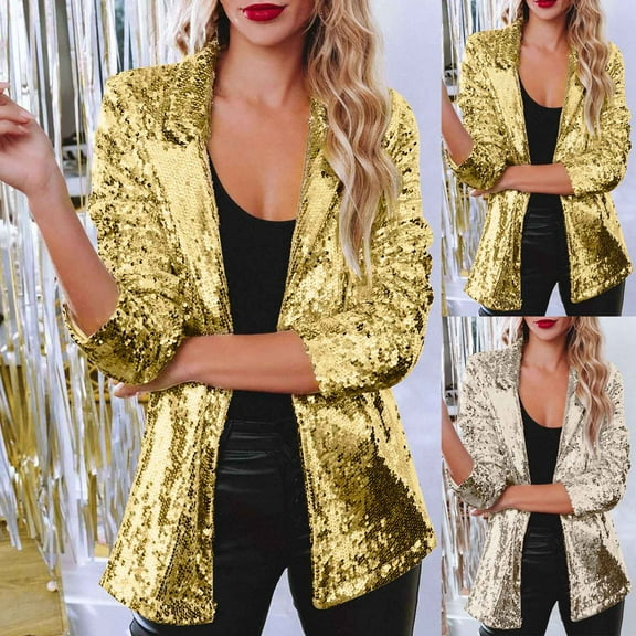 Juebong Women's Shiny Sequin Jackets Open Front Blazer Jacket Casual Long Sleeve Glitter Sparkly Cardigan Vintage Disco Party Coat Yellow,L