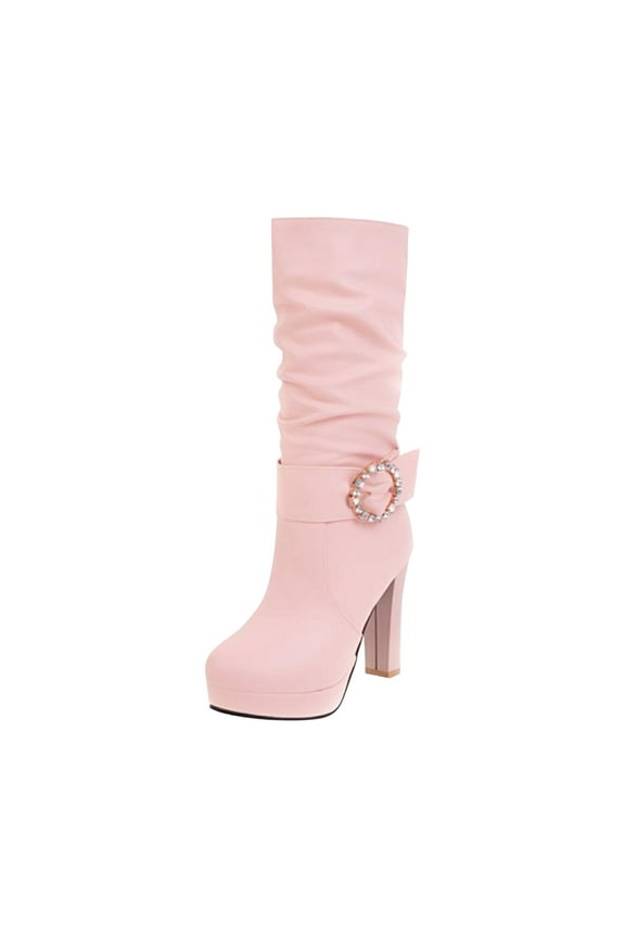 Women's Shoes Fashion Solid Color Mid-calf Round Toe High Heel Slip-on Knight Boots,Pink Size 4.5