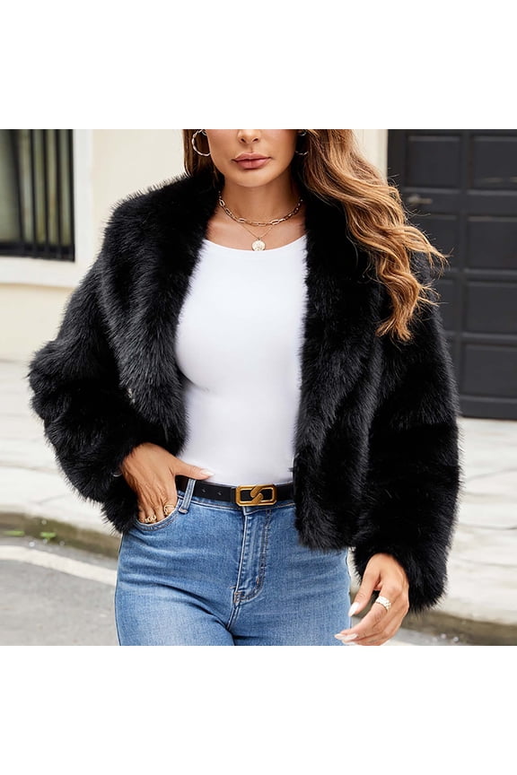 Women's Short Faux Fur Coat Casual Shaggy Jacket Long Sleeve Furry Open Front Lapel Parka Winter Coats Warm Outerwear Black,XXL