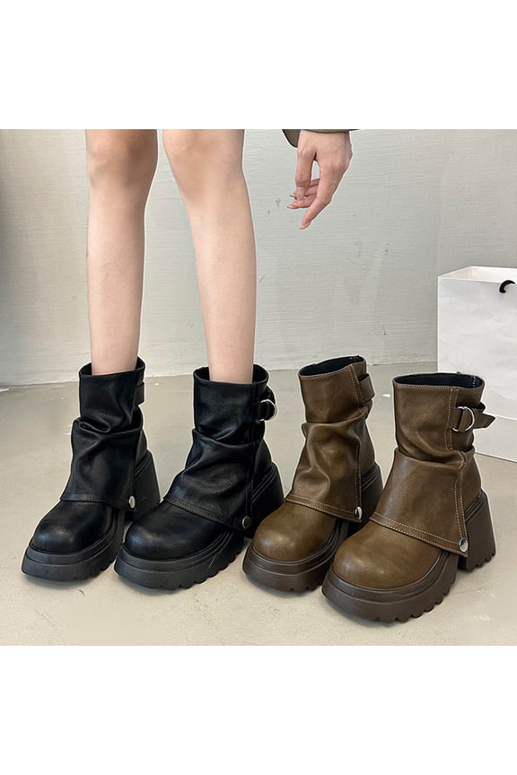 Women's Slouchy Fold Over Boots Mid Calf Block Chunky Heel Round Toe Western Pull on Fashion Combat Boot Khaki,36