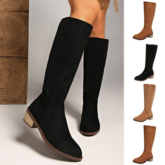 Juebong Women's Suede Knee High Boots Chunky Block Heel Cowboy Boots Distressed Round Toe Fashion Winter Boots Brown,43