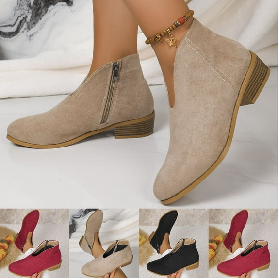 Juebong Women's Versatile Boots Classic Vintage Square Heel Side-Zip Round Toe V-Cut Fashion Booties Eye-Catching Ankle Boots Beige,41