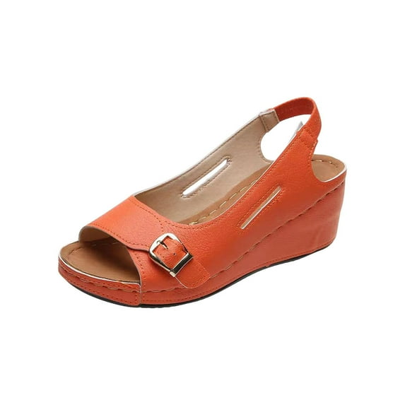 Juebong Women's Vintage Buckle Wedge Heel Open Toe Low Fish Mouth Roman Sandals,Orange Size 6