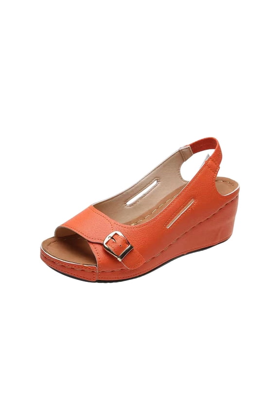 Women's Vintage Buckle Wedge Heel Open Toe Low Fish Mouth Roman Sandals,Orange Size 6