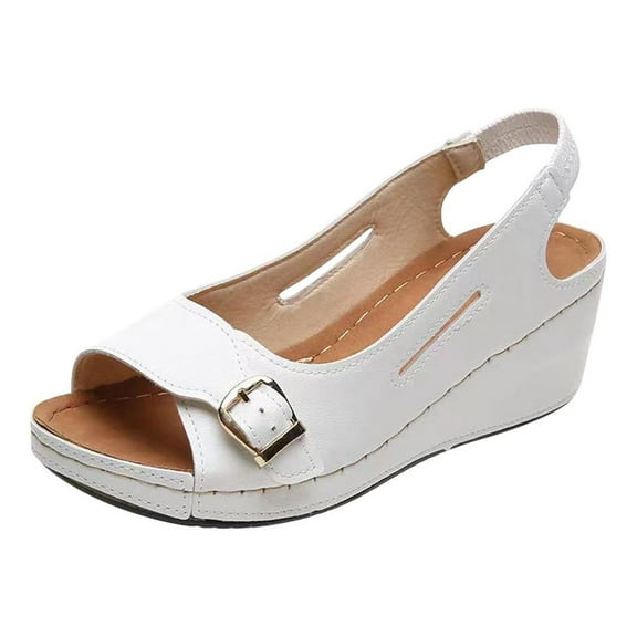 Juebong Women's Vintage Buckle Wedge Heel Open Toe Low Fish Mouth Roman Sandals,White Size 9.5