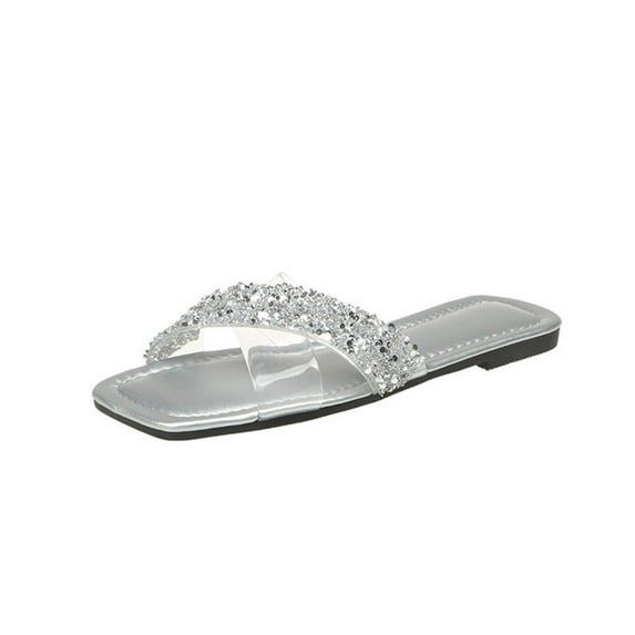 Juebong Women's Wide Width Flat Slides Sandals, Strapy Slide Sandal Slip on Dressy Summer Shoes for Women.