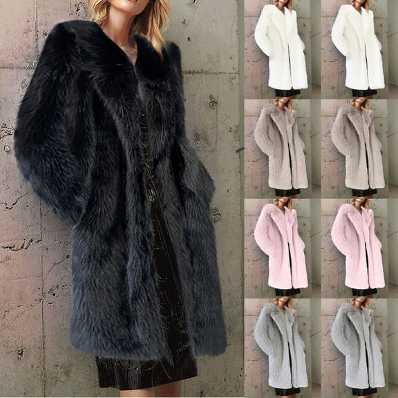 Juebong Women's Winter Coats Fuzzy Fleece Long Jackets 2025 Fashion Faux Fur Coat Open Front Shaggy Jacket Parkas Outerwear Gray,S