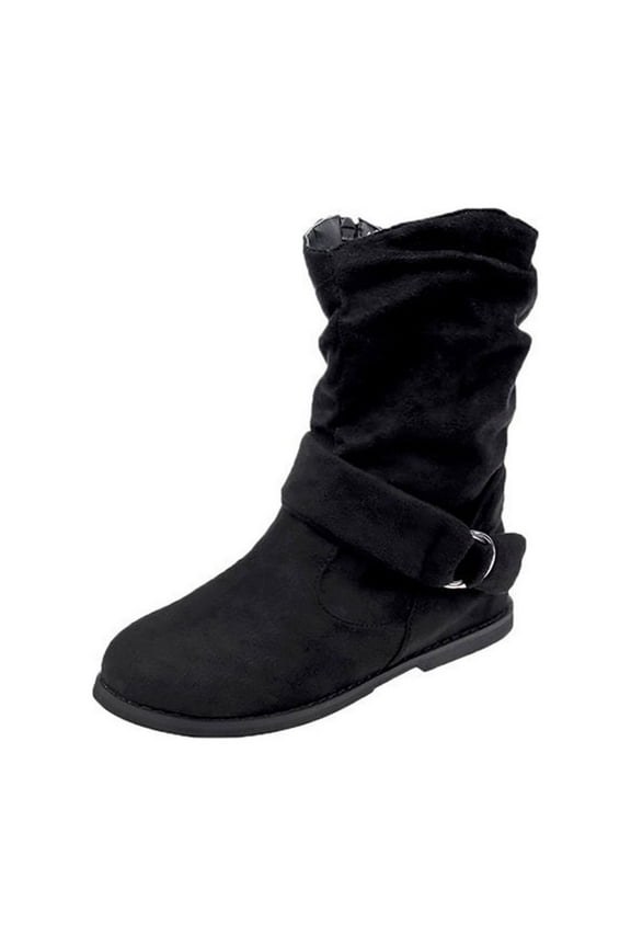 Women's Winter Flat Leather Belt Buckle Suede Zipper Round Toe Ankle Boots,Black Size 5.5