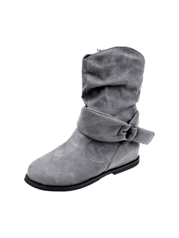 Women's Winter Flat Leather Belt Buckle Suede Zipper Round Toe Ankle Boots,Gray Size 6.5