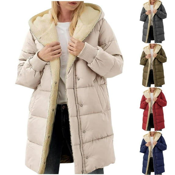 Juebong Women's Winter Puffer Coat Long Sherpa Fleece Lined Padded Jacket Thicken Warm Parka Down Jackets Hooded Outwear Navy,L