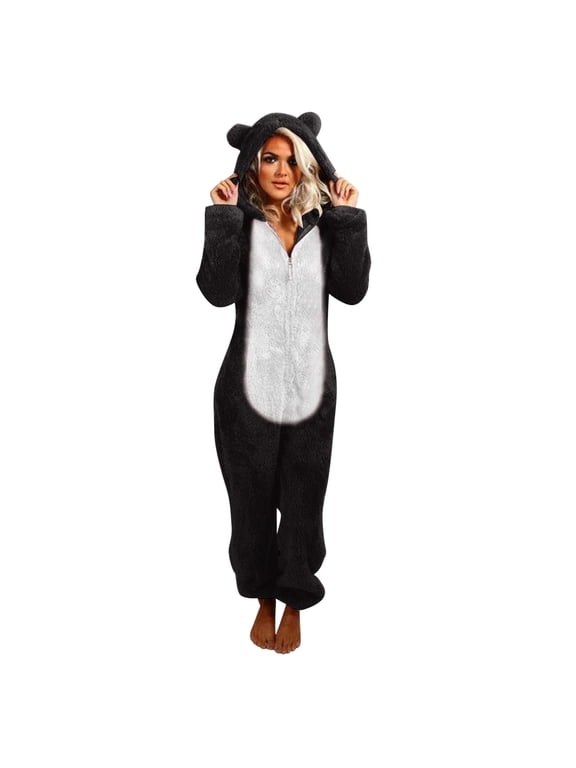 Women's Winter Warm Sherpa Romper Fuzzy Fleece Onesie Pajama Cat Ear Zipper Hooded Lounge Jumpsuit Sleepwear Playsuit Gifts for her