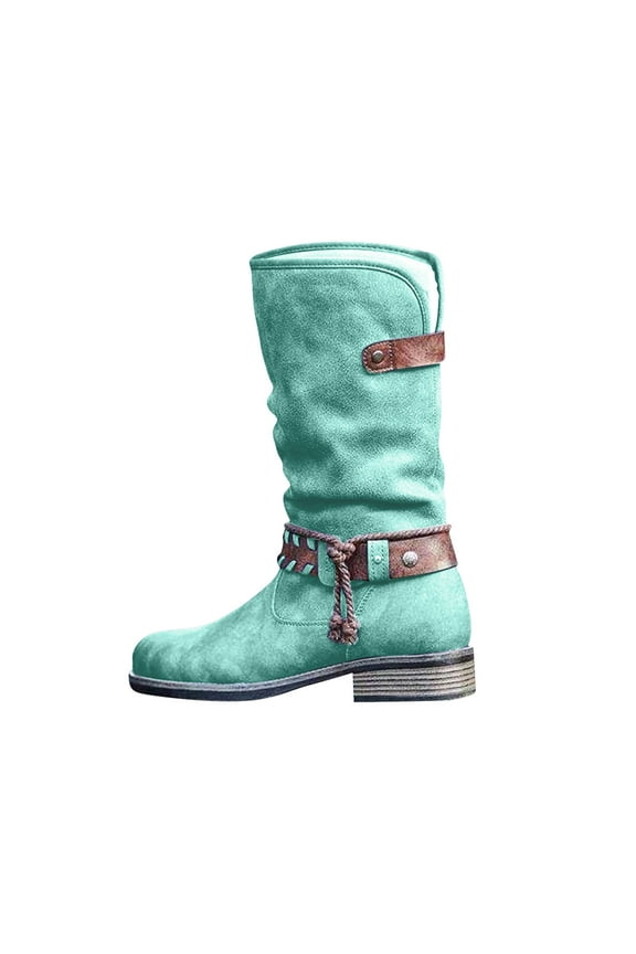 Women's Winter Warm Suede Rope Ethnic Wind Boots Low Heel Side Zipper Boots,Green Size 9