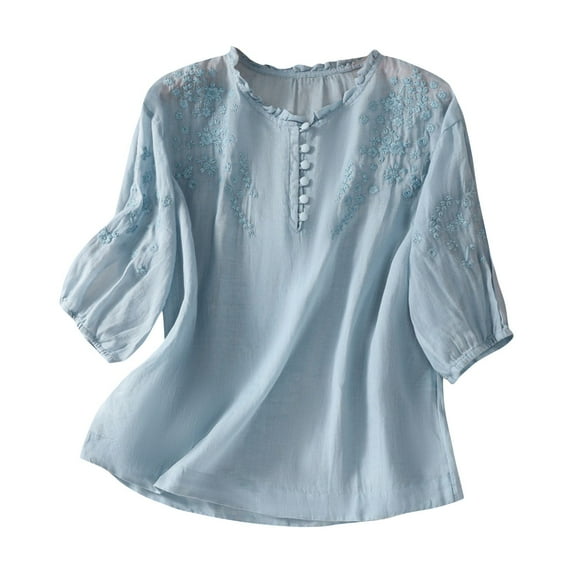Juebong Womens 3/4 Cuffed Sleeve Striped Printed V Neck Loose Tunic Casual Plus Size Button Blouses Shirt Tops