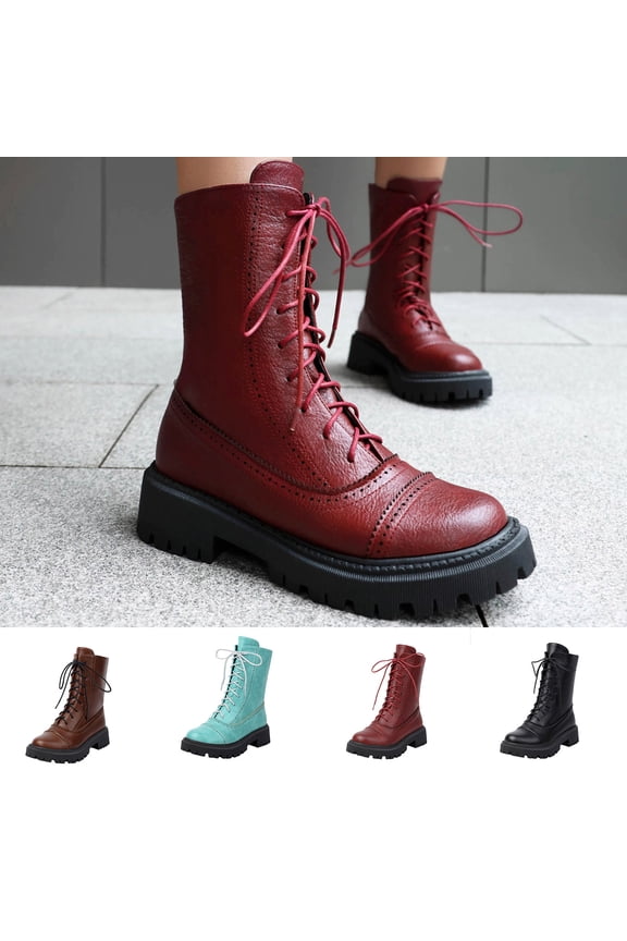 Womens Ankle Boots Flat Fashion Booties Low Heel Lace-Up Vintage Short Booties Casual Comfy PU Leather Damping Shoes Brown,42
