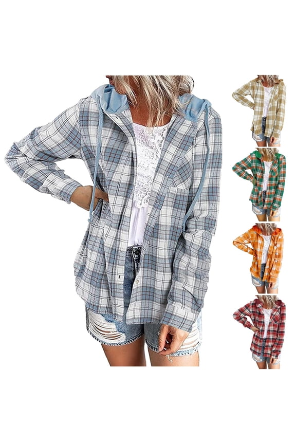 Womens Button Down Plaid Shirts Long Sleeve Flannel Hooded Shacket Jacket Drawstring Lightweight Hoodie Coats with Pockets Green,XXL