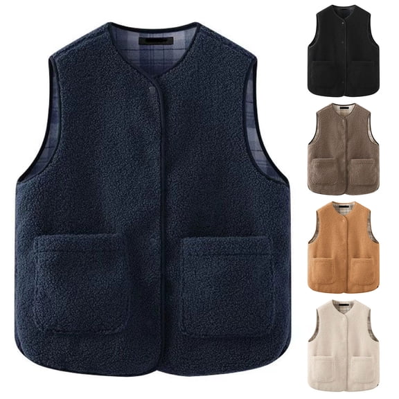 Juebong Womens Checkered Sherpa Vest Sleeveless Winter Fleece Jacket Button Down Reversible Fuzzy Warm Plaid Gilet with Pockets Orange,M