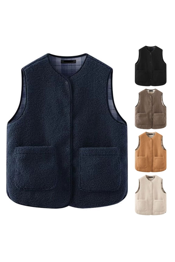 Womens Checkered Sherpa Vest Sleeveless Winter Fleece Jacket Button Down Reversible Fuzzy Warm Plaid Gilet with Pockets White,XXL