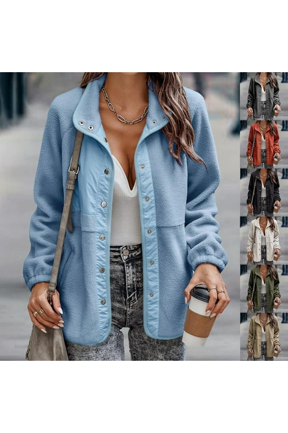Womens Coat Casual Snap Button Fleece Jacket Long Sleeve Oversized Fuzzy Outerwear Warm Winter Outwear with Pockets Black,XXL