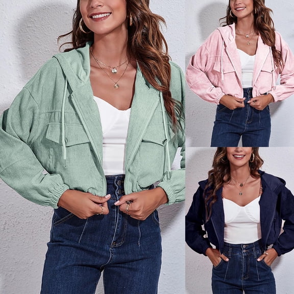 Juebong Womens Cropped Corduroy Jacket Zip Up Lightweight Utility Anorak Coat Short Varsity Jackets Shackets with Pockets Pink,L