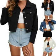 JUEBONG Womens Cropped Denim Jackets Casual Long Sleeve Short Button Barn Jean Jackets Frayed Hem Coat with Pockets White,XS