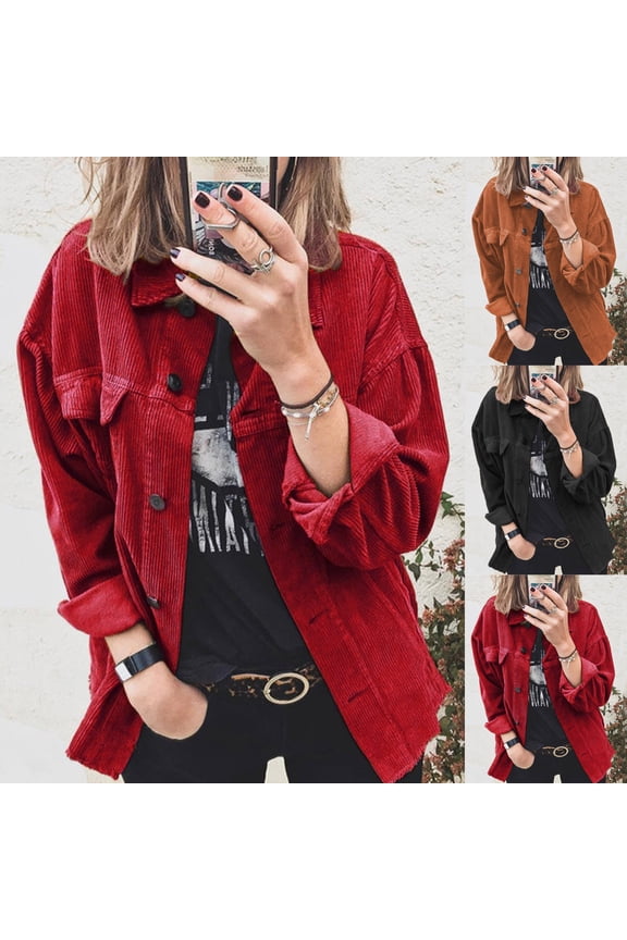 Womens Fashion Corduroy Shackets Button Down Jackets Tops Fall Trendy Long Sleeve Retro Utility Coat Outwear with Pockets Red,XL