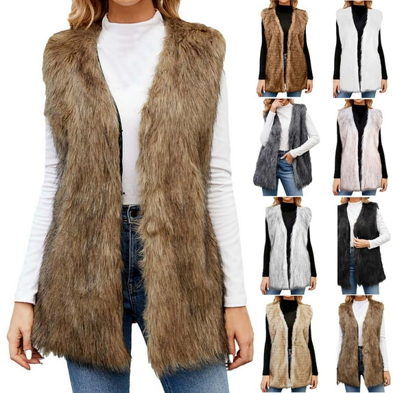 Juebong Womens Faux Fur Coat Vest V Neck Sleeveless Lapel Fluffy Jacket Loose Casual Open Front Shaggy Parka Outerwear Brown,XL