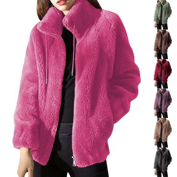 Juebong Womens Faux Fur Winter Coats Stand Collar Fuzzy Cute Warm Jackets Full Zip Up Comfy Plush Fleece Windbreaker Shaggy Outwear Brown,XXL