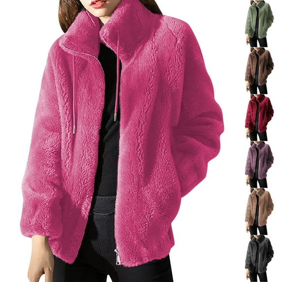 Juebong Womens Faux Fur Winter Coats Stand Collar Fuzzy Cute Warm Jackets Full Zip Up Comfy Plush Fleece Windbreaker Shaggy Outwear Gray,XXXXL