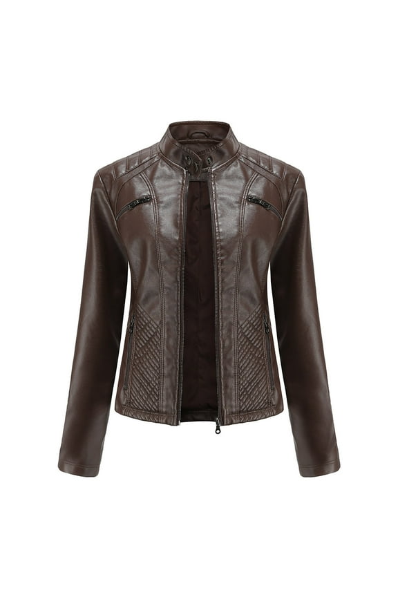 Womens Faux Leather Casual Short Jacket Fashion Moto Bike Floral Coat for Spring and Fall Stand Collar Zip Motorcycle Suit Belt Coat Jacket Tops, Coffee, M