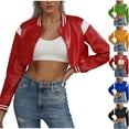 thumbnail image 1 of Juebong Womens Faux Leather Cropped Bomber Jackets Zip Up Color Block Moto Biker Short Jacket Casual Vintage Y2K Racing Coat Blue,L, 1 of 7