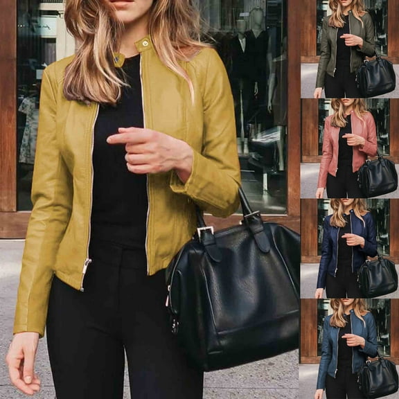 Juebong Womens Faux Leather Cropped Jackets PU Motorcycle Jacket Y2K Moto Biker Coat Zip Up Long Sleeve Bomber Jacket Short Streetwear Army Green,S