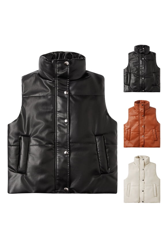 Womens Faux Leather Puffer Vest Zip Up Sleeveless PU Motorcycle Biker Jacket Stand Collar Padded Vests Quilted Lightweight Jackets Beige,XL