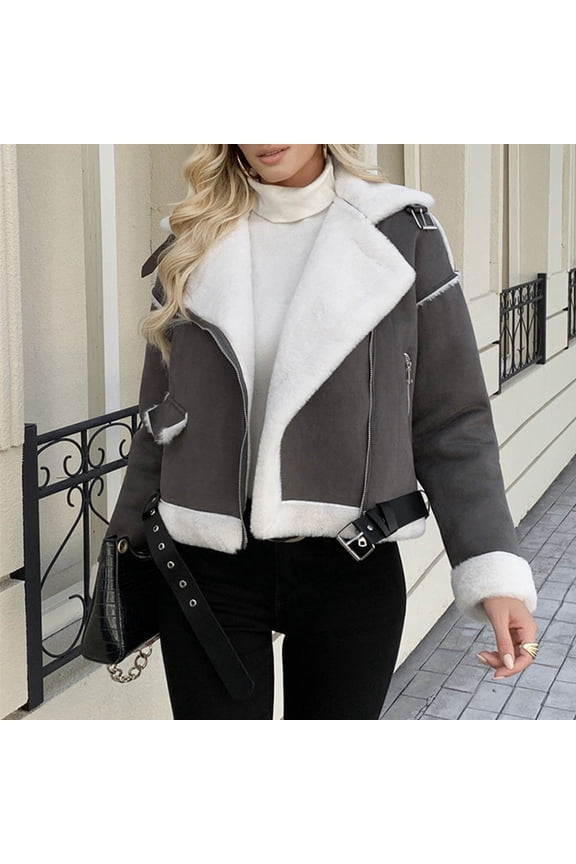 Womens Faux Suede Jackets Parka Lapel Fleece Collar Belted Flannel Lined Coats Shearling Winter Warm Zip Up Biker Aviator Jacket Dark Gray,XL