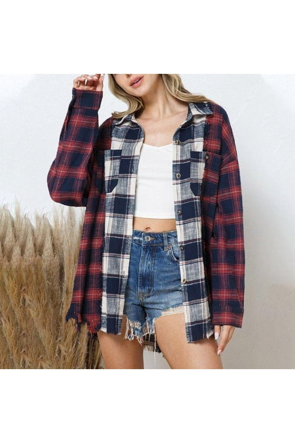 Womens Flannel Plaid Shacket Jacket 2025 Fall Button Down Tartan Trench Coat with Pocket Long Sleeve Color Block Fashion Shirts Red,L