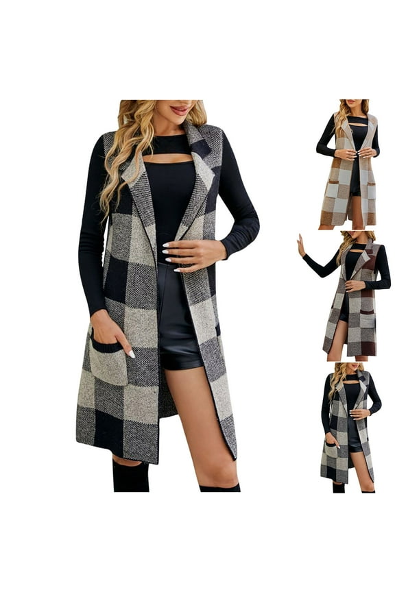 Womens Flannel Plaid Vest Tops Trendy Long Sleeveless Blazer Jackets Open Front Cardigan Shirts Casual Fall Checkered Shacket Coat Gray,M