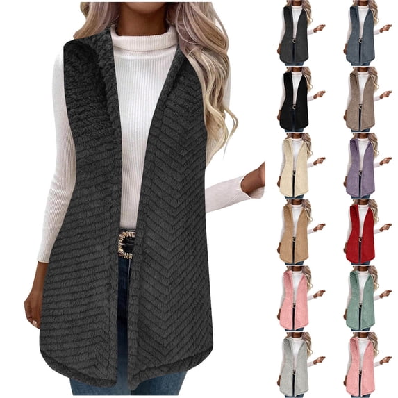 Juebong Womens Fuzzy Fleece Cardigan Vest Comfy Open Front Sleeveless Plaid Coat Lightweight Hooded Jackets Winter Coats Green,XXL