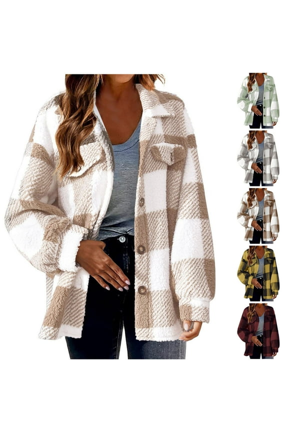 Womens Fuzzy Fleece Flannel Jackets Plus Size Plaid Shacket Jacket Fall Winter Faux Fur Coat Oversized Button Warm Coats Outwear Red,XXXL