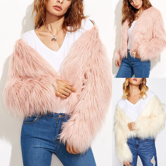 Juebong Womens Fuzzy Open Front Cardigan 2025 Trendy Faux Fur Coat Dressy Shaggy Cropped Jackets Warm Fashion Fall Winter Clothes Pink,XXL